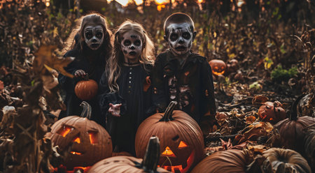 Group of children dressed as zombies and ghouls with Halloween pumpkins in a harvested field in autumn with sunset. Concept of horror, fear and Halloween party.の素材
