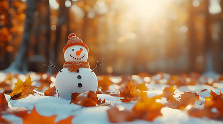 Snowman built from the first winter snow in colorful autumn leaves in the forest. Concept of winter coming and autumn leaving.の素材