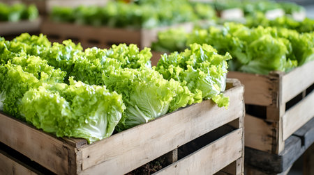 Iceberg lettuce harvested in wooden boxes in a warehouse. Natural organic fruit abundance. Healthy and natural food storing and shipping concept.の素材