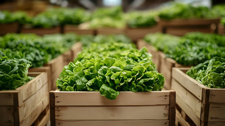 Lettuce harvested in wooden boxes in a warehouse. Natural organic fruit abundance. Healthy and natural food storing and shipping concept.の素材