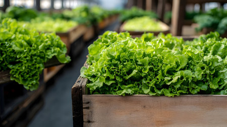 Lettuce harvested in wooden boxes in a warehouse. Natural organic fruit abundance. Healthy and natural food storing and shipping concept.の素材