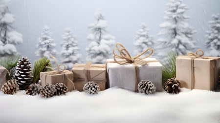 Rustic Christmas gifts with brown ribbons, pine cones, spruce and fir branches and decorations in a row on white snowy abstract background. Horizontal composition, side view.の素材
