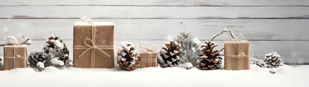 Rustic Christmas gifts with brown ribbons, pine cones, spruce and fir branches and decorations in a row on white snowy abstract background. Horizontal composition, side view.の素材