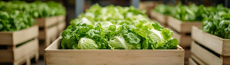 Iceberg lettuce harvested in wooden boxes in a warehouse. Natural organic fruit abundance. Healthy and natural food storing and shipping concept.の素材