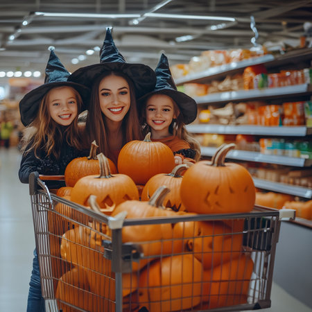 Mother and her daughters dressed as witches pulling a shopping cart with Halloween pumpkins. Concept of Halloween shopping, sale and commerce.の素材