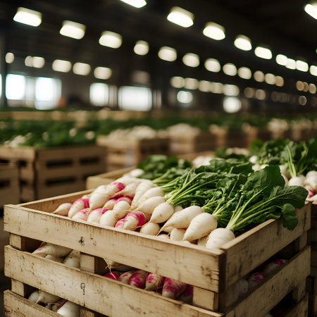 Radish daikon harvested in wooden boxes in a warehouse. Natural organic fruit abundance. Healthy and natural food storing and shipping concept.の素材