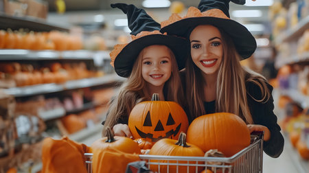 Mother and her daughters dressed as witches pulling a shopping cart with Halloween pumpkins. Concept of Halloween shopping, sale and commerce.の素材