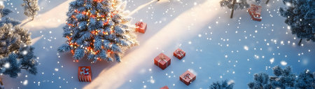 Aerial view of Christmas decorated tree with gifts on the ground in winter forest covered with snow and snowfall. Concept of Christmas celebration and standing out.の素材