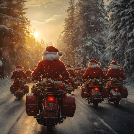 Group of Santa Clauses riding his scooter carrying gifts in winter forest and sunset in the background. Concept of technology, delivery, logistics, innovation and Christmas.の素材
