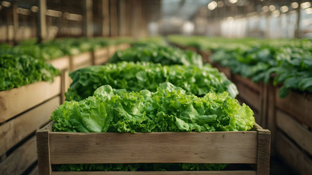 Lettuce harvested in wooden boxes in a warehouse. Natural organic fruit abundance. Healthy and natural food storing and shipping concept.の素材