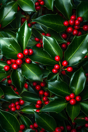 Abstract background with green Holy Berry leaves and baubles. Vertical composition.の素材