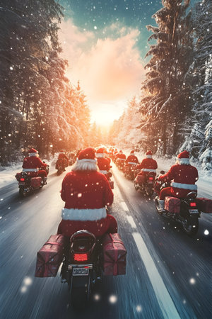 Group of Santa Clauses riding motorcycles carrying gifts in winter forest and sunset in the background. Concept of technology, delivery, logistics, innovation and Christmas.の素材