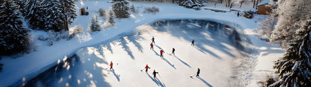 Aerial view of group of children playing ice hockey on frozen pond in winter forest.の素材