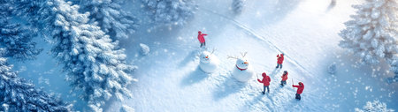 Aerial view of children building snowman in winter forest with snow covered surface, spruce trees and sunset in the background.の素材