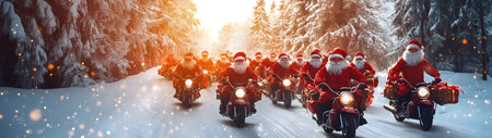 Group of Santa Clauses riding motorcycles carrying gifts in winter forest and sunset in the background. Concept of technology, delivery, logistics, innovation and Christmas.の素材
