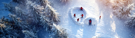 Aerial view of children building igloo in winter forest with snow covered surface, spruce trees and sunshine in the background.の素材
