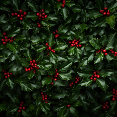 Abstract background with green Holy Berry leaves and red baubles. Square composition.の素材
