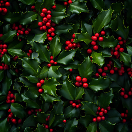 Abstract background with green Holy Berry leaves and red baubles. Square composition.の素材