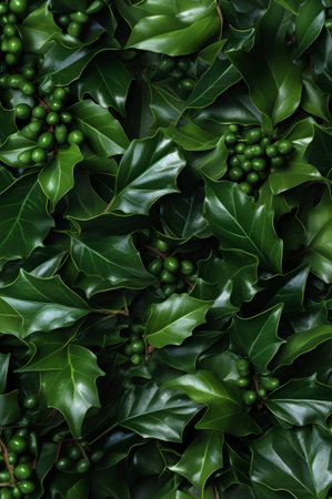Abstract background with green Holy Berry leaves and baubles. Vertical composition.の素材
