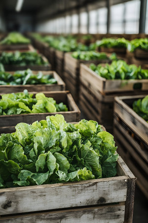 Lettuce harvested in wooden boxes in a warehouse. Natural organic fruit abundance. Healthy and natural food storing and shipping concept.の素材