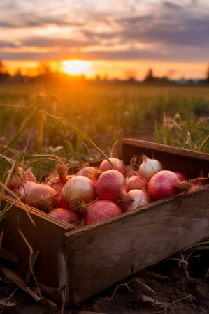 Red onions harvested in a wooden box with field and sunset in the background. Natural organic fruit abundance. Agriculture, healthy and natural food concept. Vertical composition.の素材