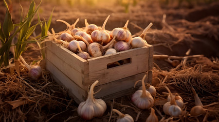 Garlic harvested in a wooden box with field and sunset in the background. Natural organic fruit abundance. Agriculture, healthy and natural food concept. Square composition.の素材