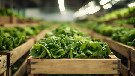 Lettuce harvested in wooden boxes in a warehouse. Natural organic fruit abundance. Healthy and natural food storing and shipping concept.の素材