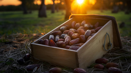 Dates harvested in a wooden box in a plantation with sunset. Natural organic fruit abundance. Agriculture, healthy and natural food concept. Square composition.の素材