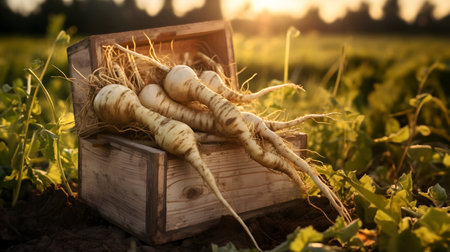Celery root harvested in a wooden box with field and sunset in the background. Natural organic fruit abundance. Agriculture, healthy and natural food concept. Square composition.の素材