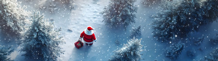Aerial view of Santa Claus with gifts standing next to the fir tree in winter forest covered with snow. Concept of Christmas celebration, tradition and winter season.の素材