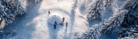 Aerial view of children building igloo in winter forest with snow covered surface, spruce trees and sunshine in the background.の素材