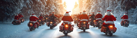 Group of Santa Clauses riding motorcycles carrying gifts in winter forest and sunset in the background. Concept of technology, delivery, logistics, innovation and Christmas.の素材