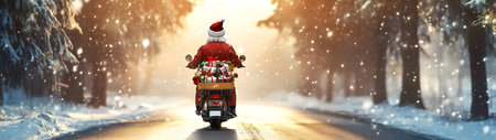 Santa Clause riding his scooter carrying gifts in winter forest and sunshine in the background. Concept of delivery, logistics, transportation and Christmas.の素材
