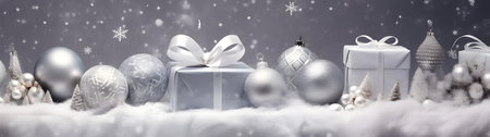 Silver Christmas gifts, balls and decorations in a row on a gold abstract background. Horizontal composition, side view.の素材