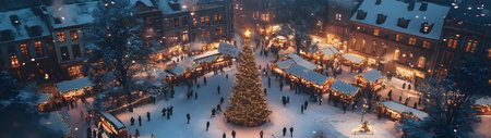 Aerial view of Christmas marketplace on the old town square covered with snow in the evening. Concept of Christmas shopping.の素材