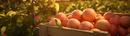 Grapefruits harvested in a wooden box with orchard and sunshine in the background. Natural organic fruit abundance. Agriculture, healthy and natural food concept. Horizontal composition.の素材