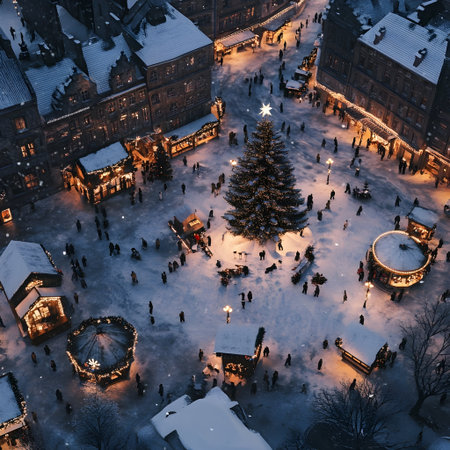Aerial view of Christmas marketplace on the old town square covered with snow in the evening. Concept of Christmas shopping.の素材