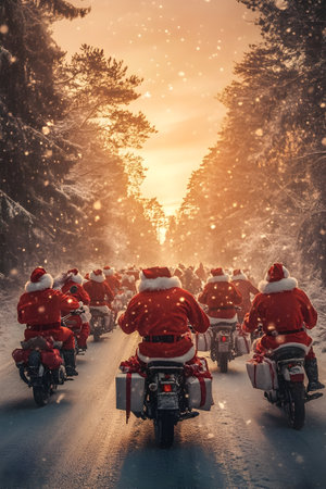 Group of Santa Clauses riding motorcycles carrying gifts in winter forest and sunset in the background. Concept of technology, delivery, logistics, innovation and Christmas.の素材