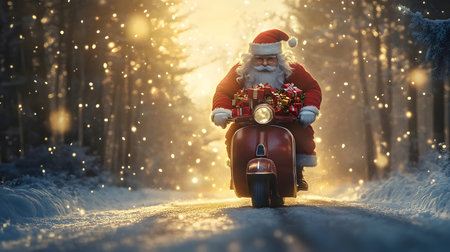 Santa Claus riding his scooter carrying gifts in winter forest and sunshine in the background. Concept of delivery, logistics, transportation and Christmas.の素材