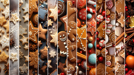 Abstract background with Christmas sweet, gingerbread piece and cookie stripes. Horizontal composition. Concept of Christmas, holiday and New Year food.の素材