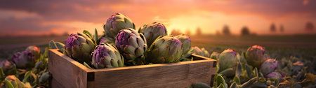 Artichokes harvested in a wooden box in artichoke field with sunset. Natural organic vegetable abundance. Agriculture, healthy and natural food concept.の素材