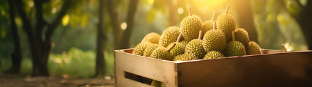 Durian fruit harvested in a wooden box in a plantation with sunset. Natural organic fruit abundance. Agriculture, healthy and natural food concept.の素材