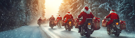 Group of Santa Clauses riding motorcycles carrying gifts in winter forest and sunset in the background. Concept of technology, delivery, logistics, innovation and Christmas.の素材