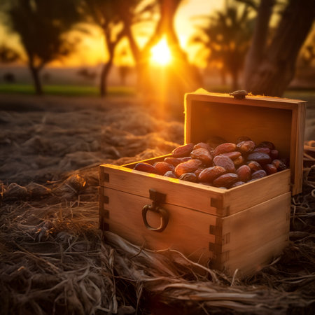Dates harvested in a wooden box in a plantation with sunset. Natural organic fruit abundance. Agriculture, healthy and natural food concept. Square composition.の素材