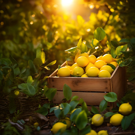 Lemons harvested in a wooden box with orchard and sunshine in the background. Natural organic fruit abundance. Agriculture, healthy and natural food concept. Square composition.の素材
