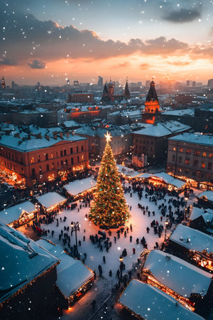 Aerial view of Christmas marketplace on the old town square covered with snow in the evening. Concept of Christmas shopping.の素材