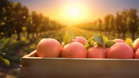 Grapefruits harvested in a wooden box with orchard and sunshine in the background. Natural organic fruit abundance. Agriculture, healthy and natural food concept. Horizontal composition, banner.の素材