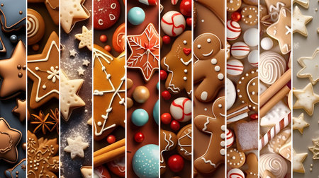 Colorful abstract background with Christmas sweet, gingerbread piece and cookie stripes. Concept of Christmas, holiday and New Year food. Horizontal composition, banner.の素材