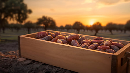 Dates harvested in a wooden box in a plantation with sunset. Natural organic fruit abundance. Agriculture, healthy and natural food concept. Horizontal composition, banner.の素材