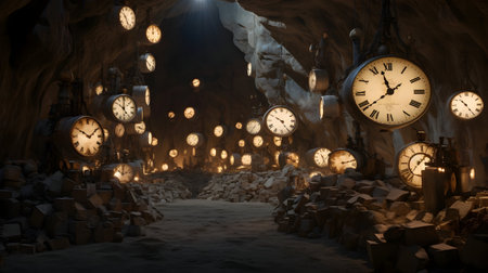 Dark cave full of vintage clocks on the stone walls. Concept of time and infinity.の素材